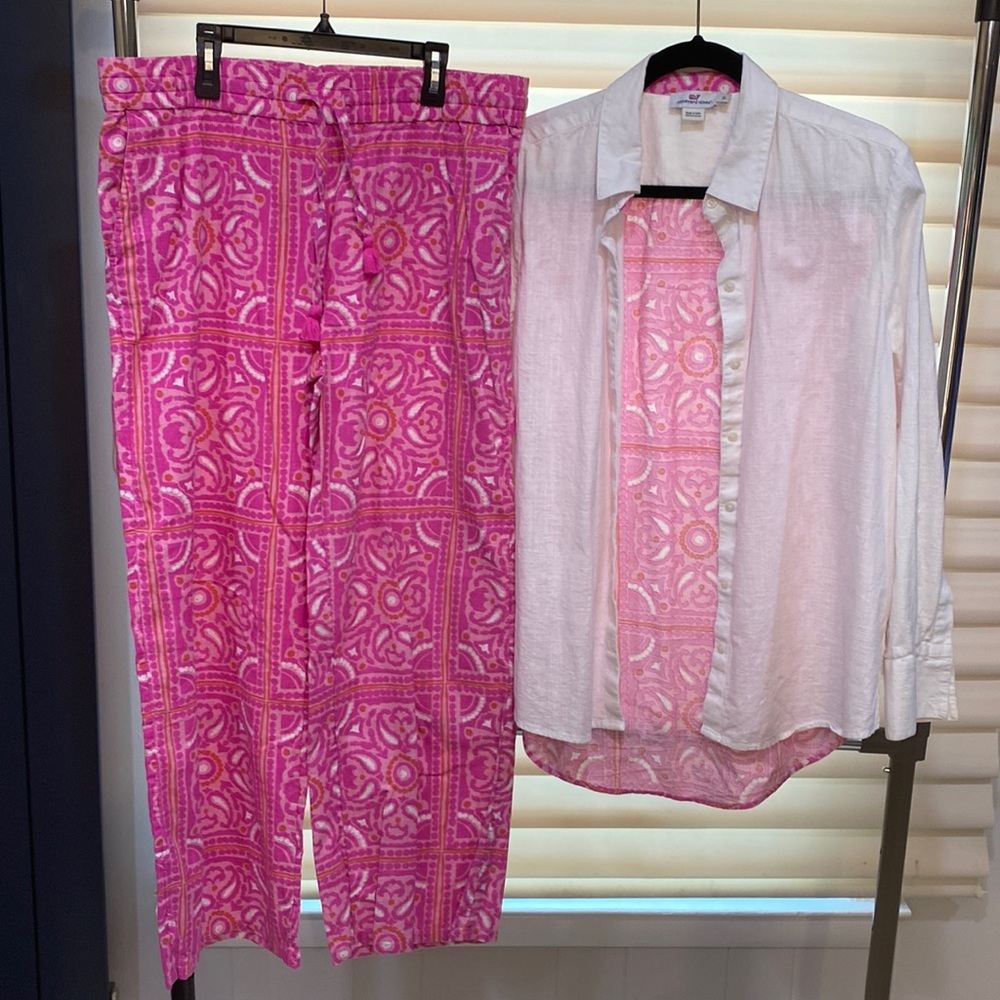Vineyard Vines matching set women linen shirt and elastic Tie-Waist size 12 L